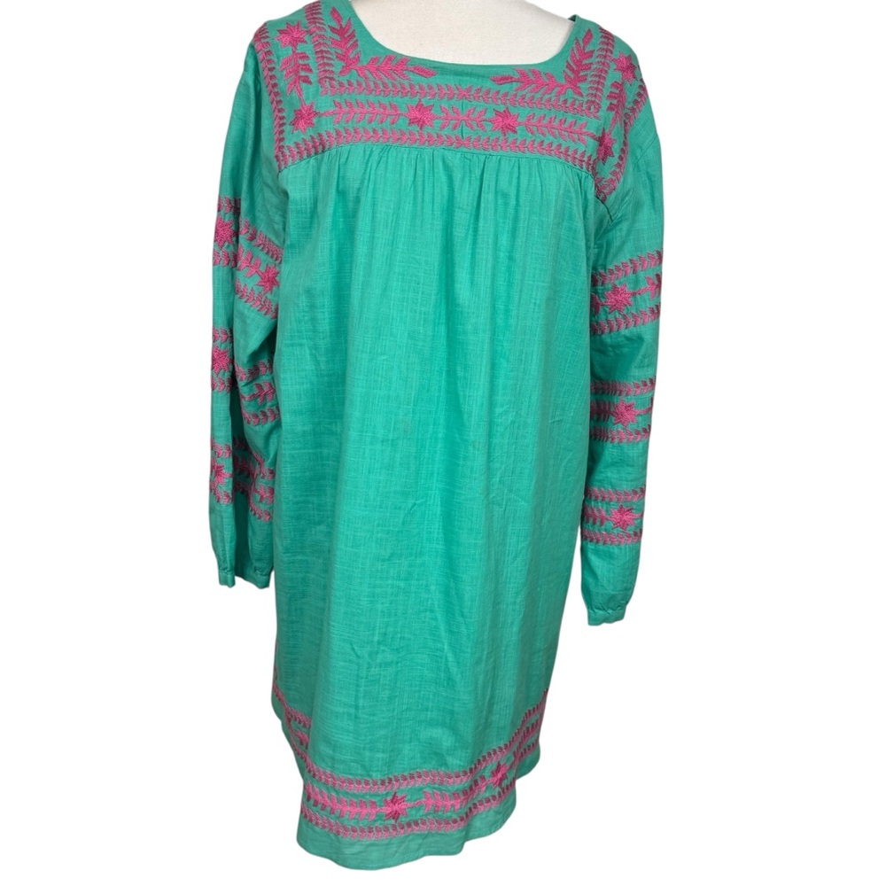 J. Marie Embroidered Boho Swing Mini Dress Green Pink Peasant Size Large